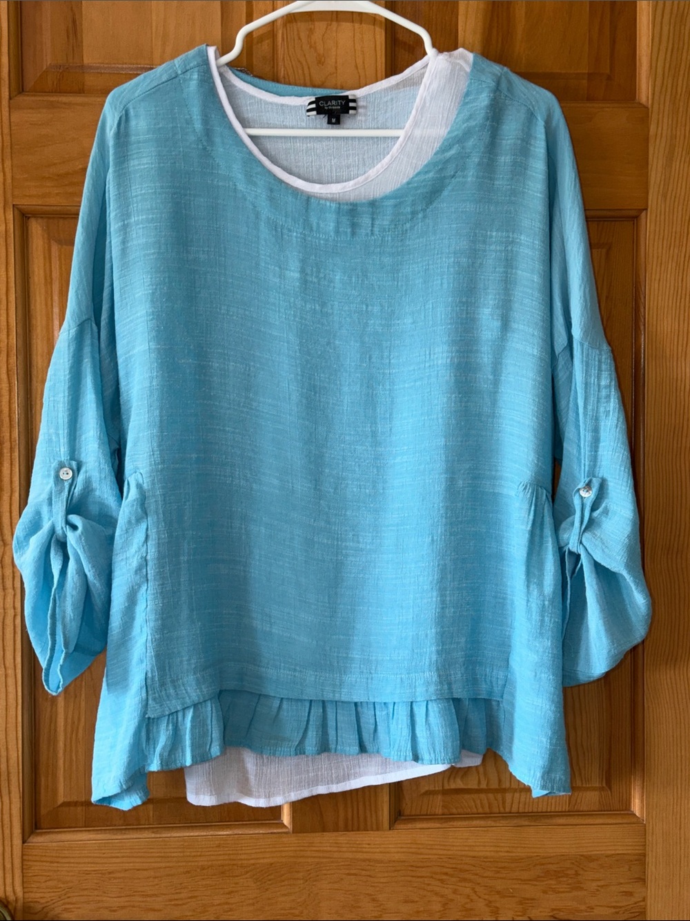 Clarity by Threadz Aqua  Ruffle Hem Top and White Tank